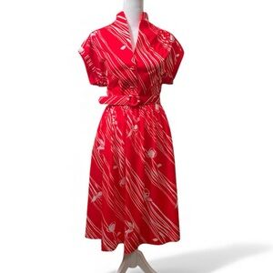 Vintage late 70s/early 80s Red Midi Dress with V-neck, matching belt and pockets